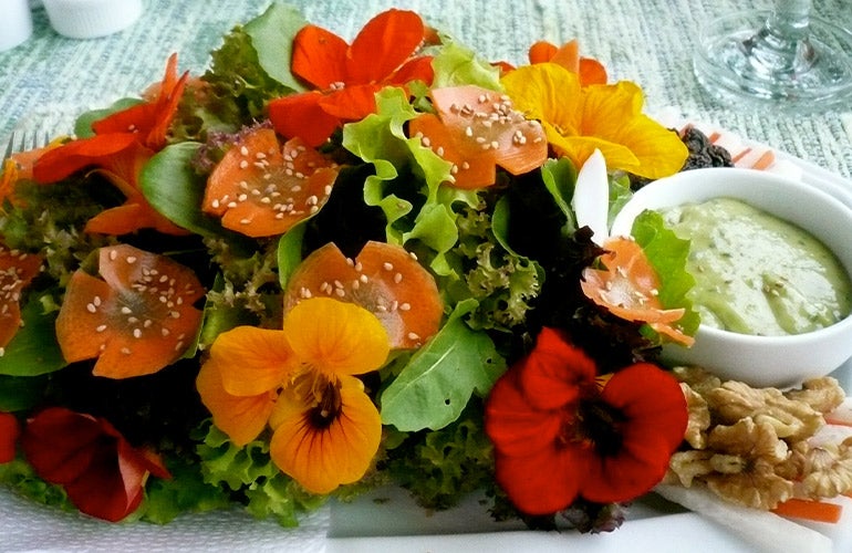 edible flowers on salad