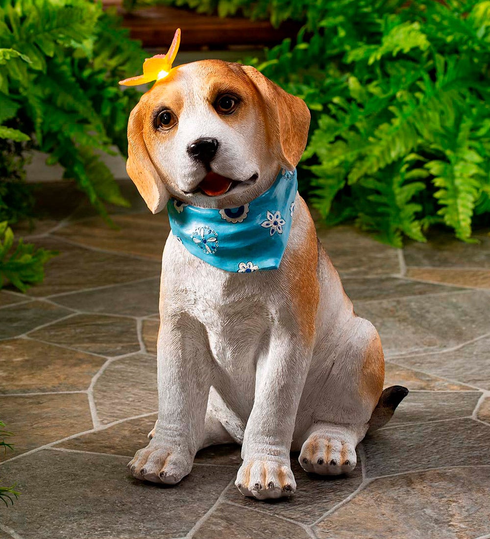 Beagle Puppy With Solar Butterfly Garden Statue
