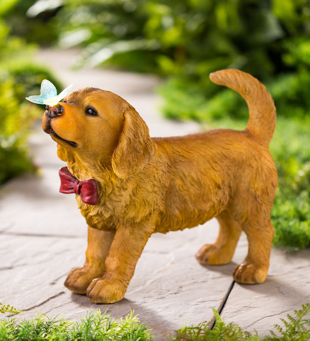 Golden Retriever Puppy with Solar Butterfly Garden Statue