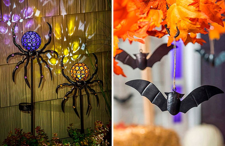lighted spider stakes and hanging bats