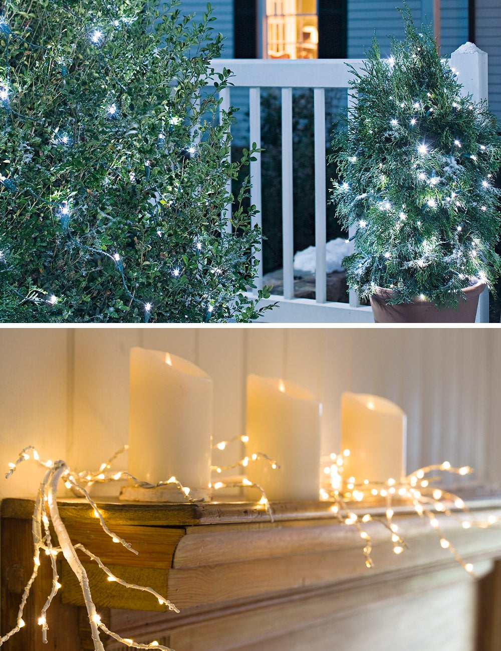 string lights in bushes and on mantle