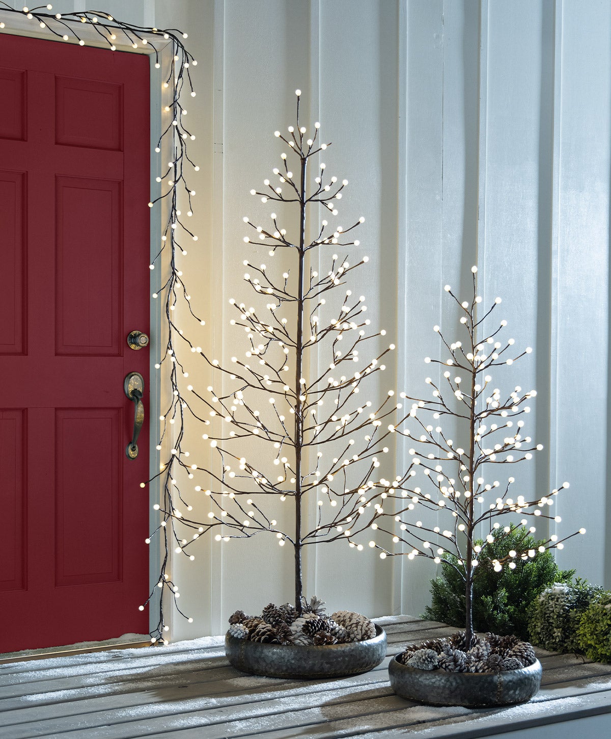 lighted trees and string lights on front porch