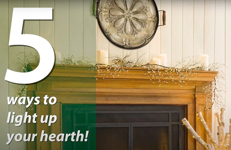 lit fireplace with text saying 5 ways to light up your hearth