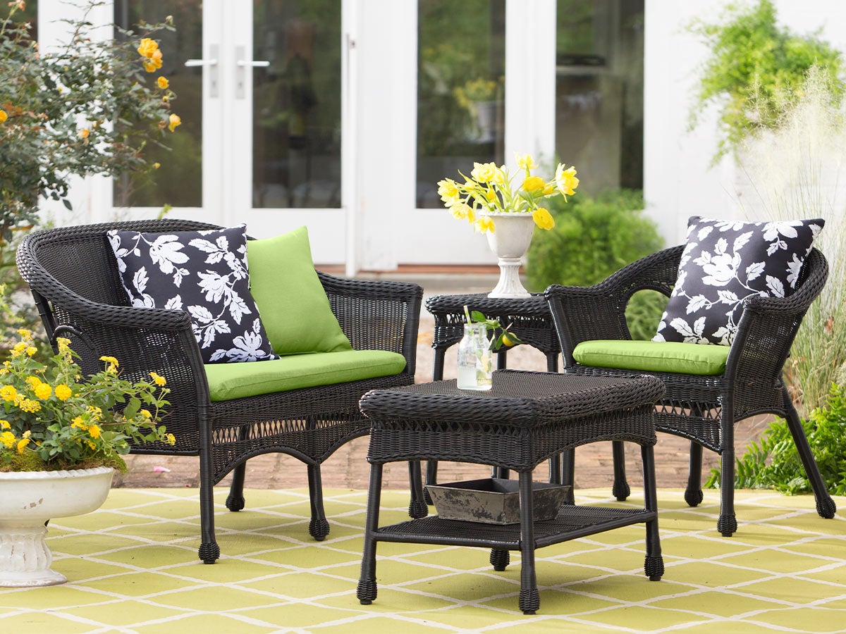 Easy Care Resin Wicker Love Seat, Chairs And Coffee Table Set