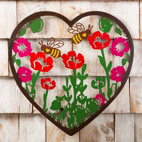 Metal Indoor/Outdoor Heart Wall Art With Bees And Flowers