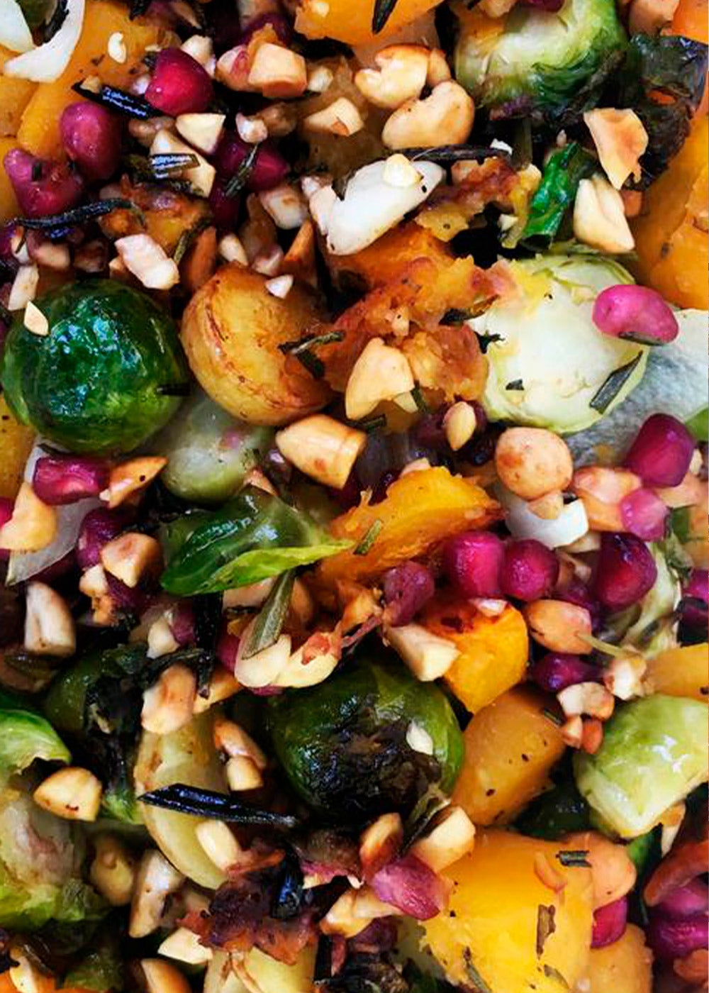 Rosemary Roasted Root Vegetables with Peanuts and Pomegranates