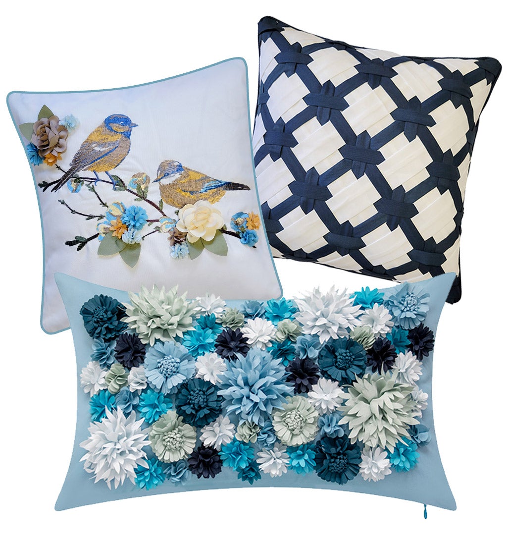 Indoor/Outdoor Bird Pillow with Embroidery and 3D Flowers