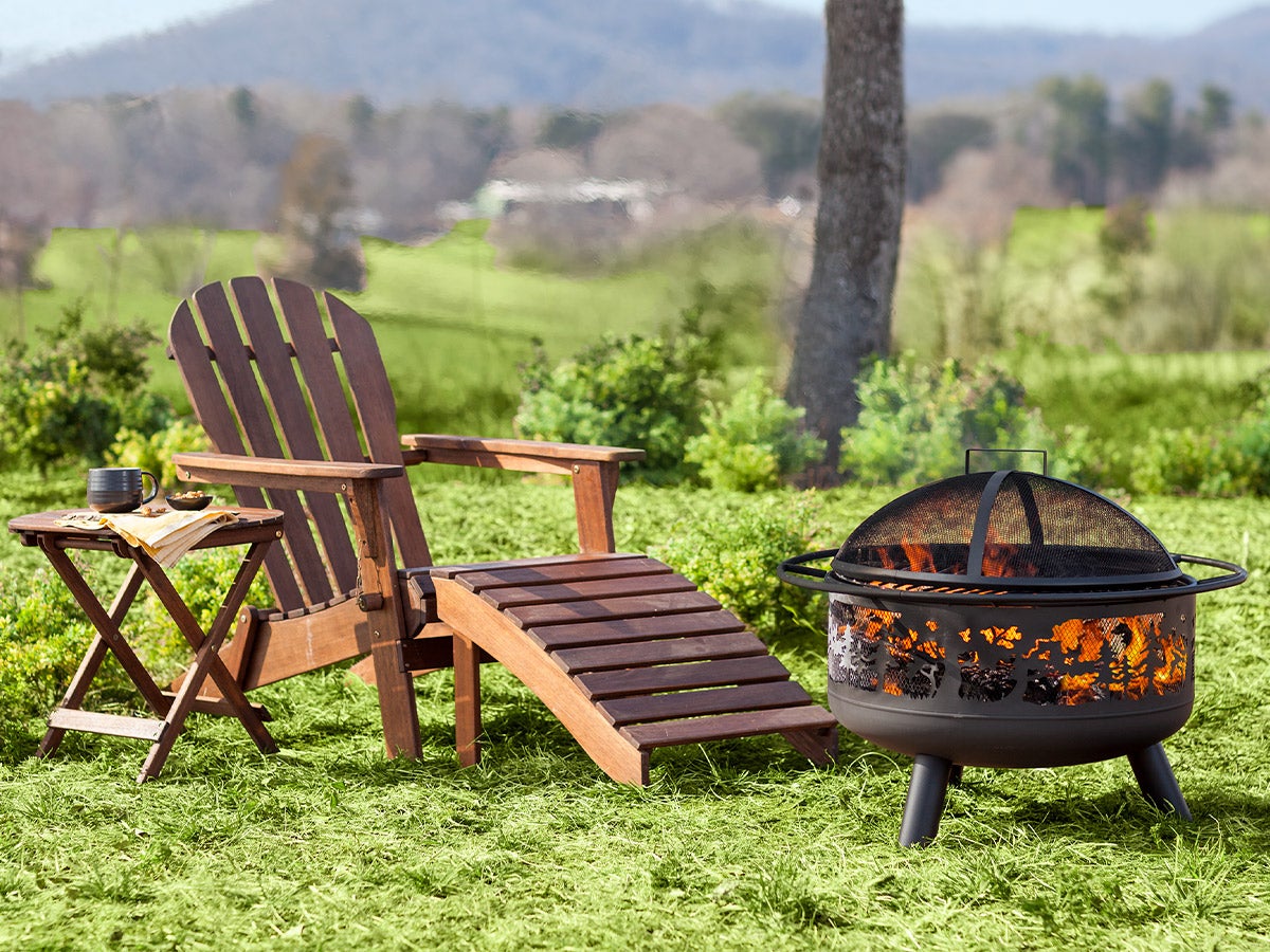 Wooden Adirondack Chair with Ottoman and a firepit