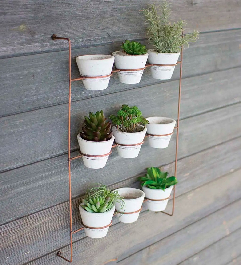 Wall-Mount Copper-Finish Wall Rack with 9 Whitewash Clay Pots
