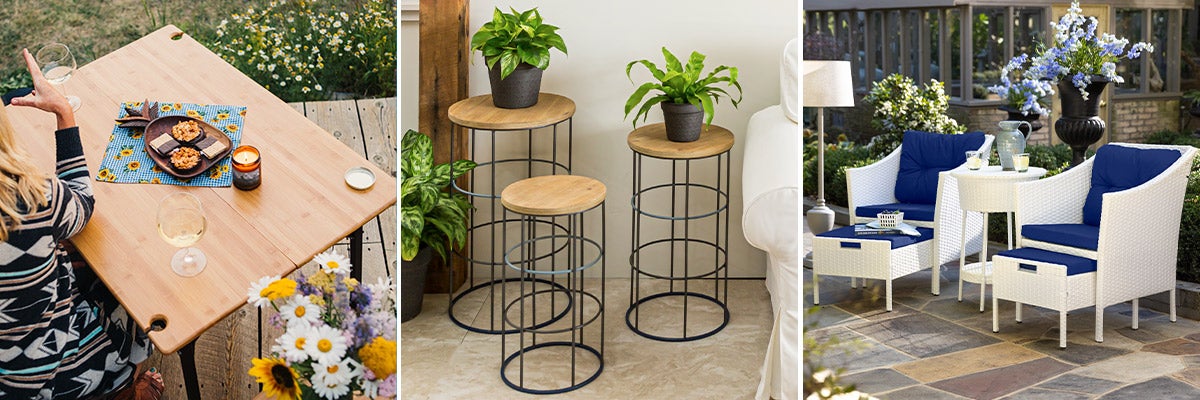 outdoor table, plant stands, and outdoor seating set