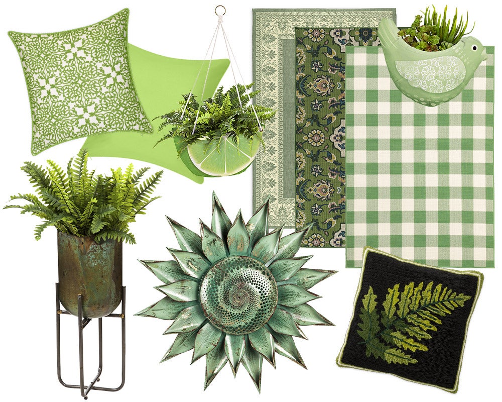 collage of green decor items