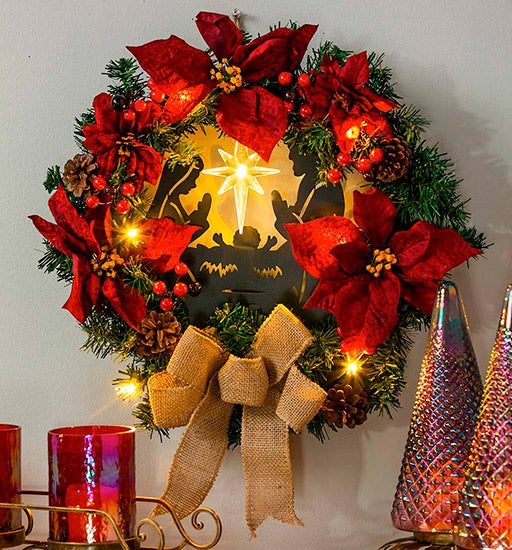 LED Christmas Nativity Poinsettia Wreath