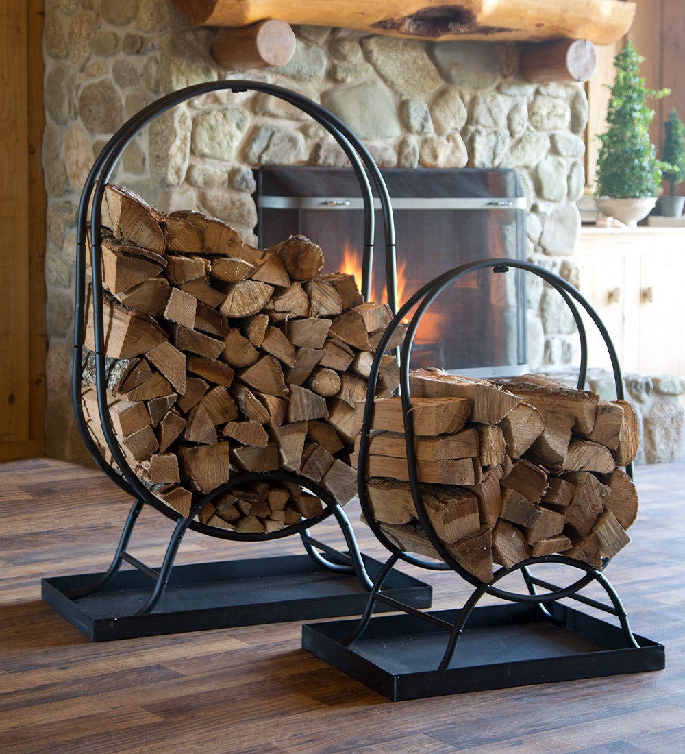 Oval Wood Rack with Kindling Storage and Dirt Tray