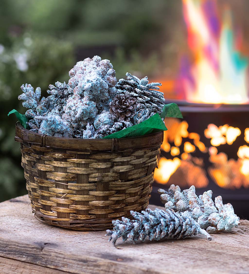 A basket of color-changing fireplace color cones next to a fire with blue and green flames. Shop Hearth & Fireside Gifts >